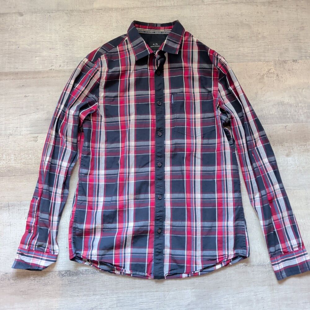 Armani Exchange A|X Shirt Mens Sz M Navy Blue Red Plaid Long Sleeve 100%Cotton